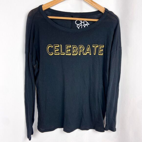 Chaser Celebrate Graphic Print T-Shirt Size S Black Drop Shoulder Long Sleeve - Picture 1 of 8